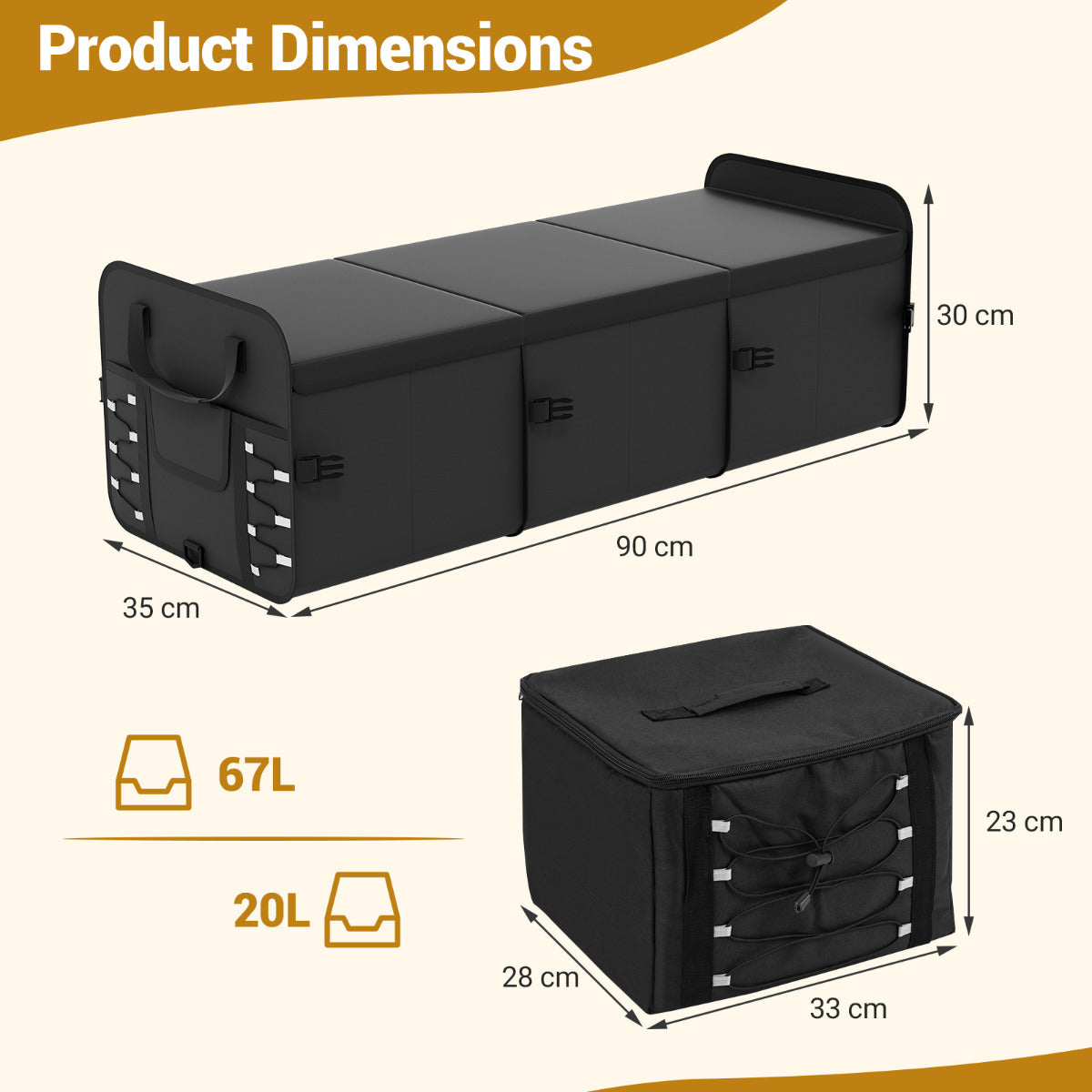 67 L Car Trunk Organizer with Lid 3-Compartment Portable Storage Box-Black