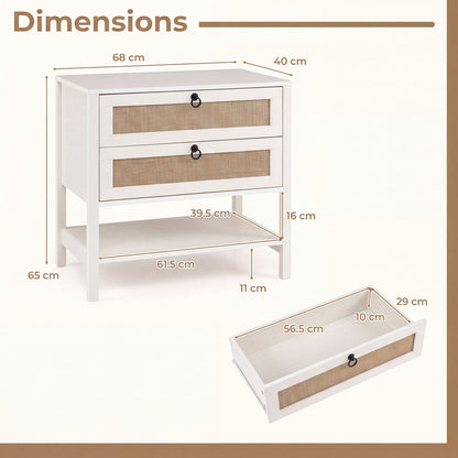68 cm Wide Boho Rattan Nightstand with 2 Drawers and Open Storage Shelf-White