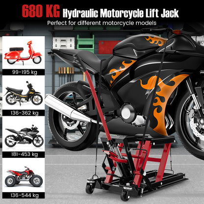 680KG Motorcycle Lift Jack with 4 Wheels and Footplates-Red