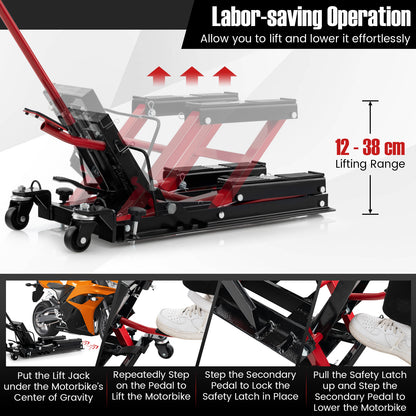 680KG Motorcycle Lift Jack with 4 Wheels and Footplates-Red