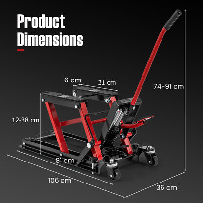 680KG Motorcycle Lift Jack with 4 Wheels and Footplates-Red