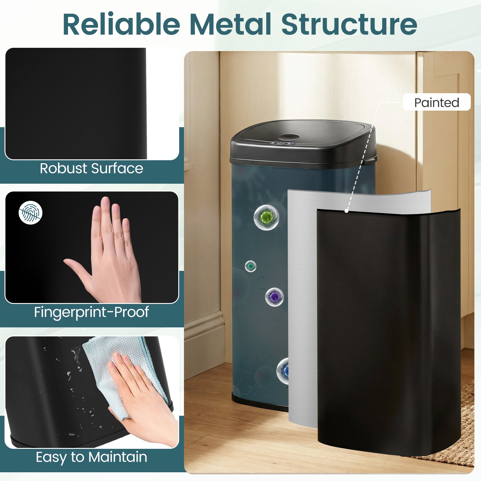 68L Trash Can with Dual-Zone Design Automatic Touchless Garbage Can-Black