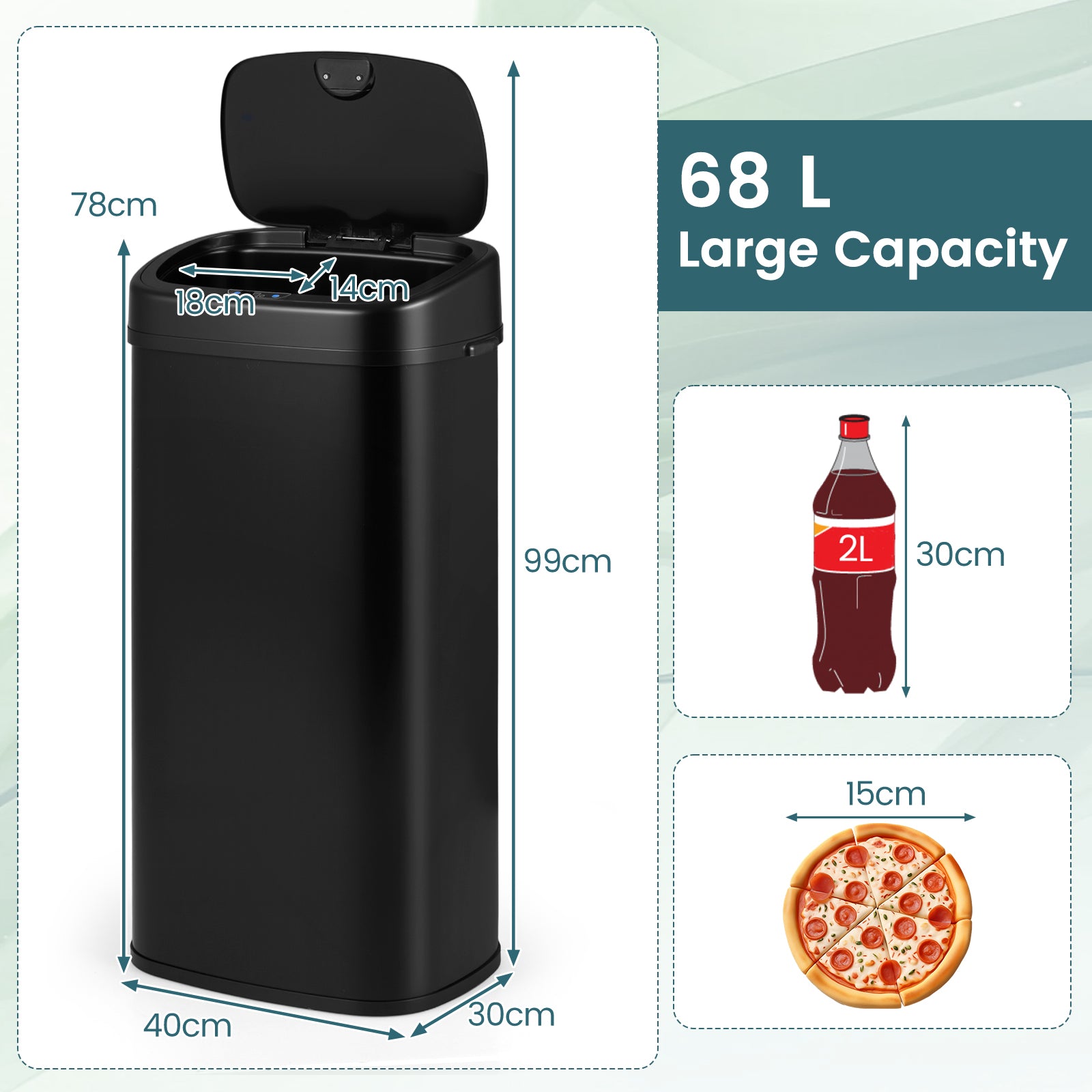 68L Trash Can with Dual-Zone Design Automatic Touchless Garbage Can-Black