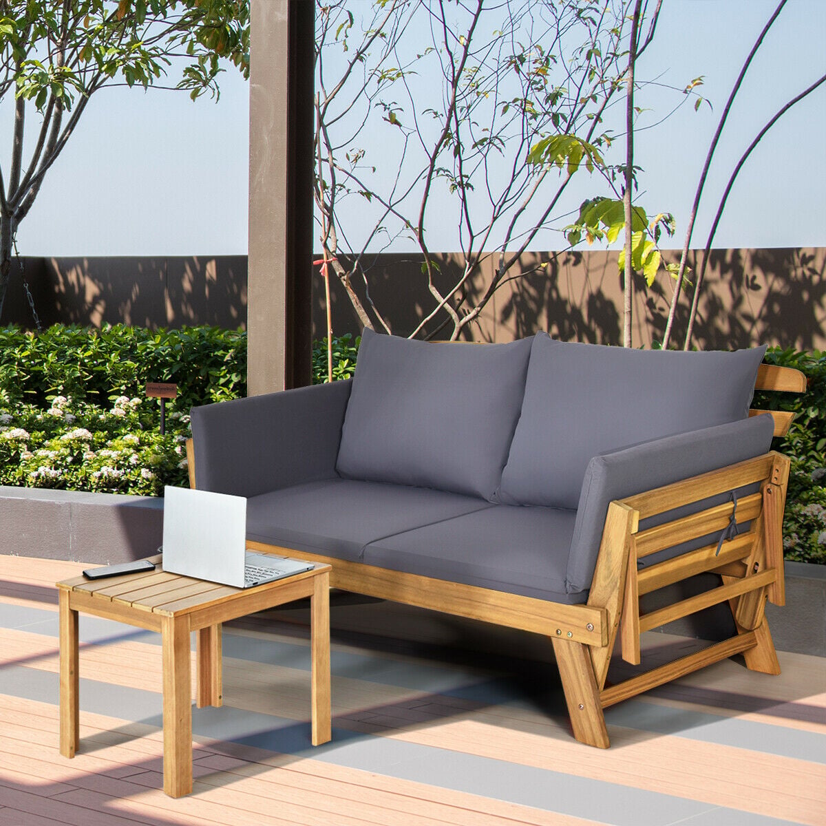 3 in 1 Convertible Cushioned Loveseat Lounger Couch with Pillows-Grey