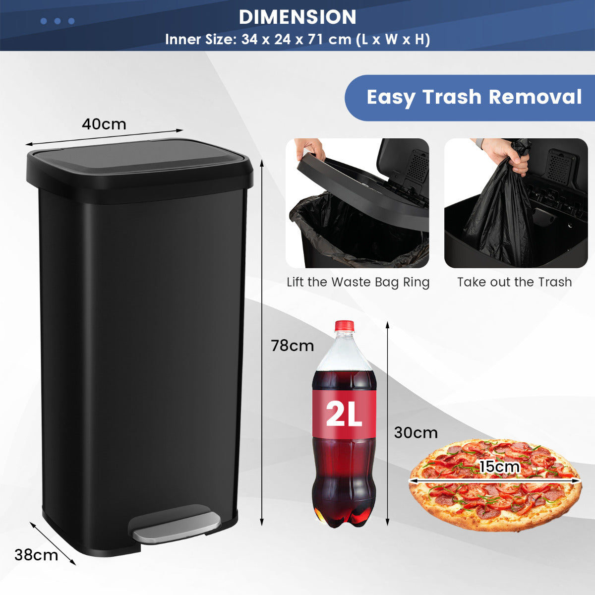 68L Step Trash Can with Soft Close Lid and Deodorizer Compartment-Black