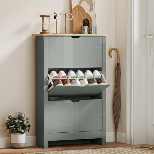 HOMCOM Slim Shoe Cabinet, Narrow Shoe Cupboard with 3 Flip Drawers, Adjustable Shelves for 18 Pairs of Shoes, Light Grey