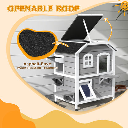 PawHutÂ 2-story Cat House Outdoor, WeatherproofÂ Wooden Cat Enclosure for Feral Cats with Escape Door, Openable Roof, Jumping Platforms, Grey