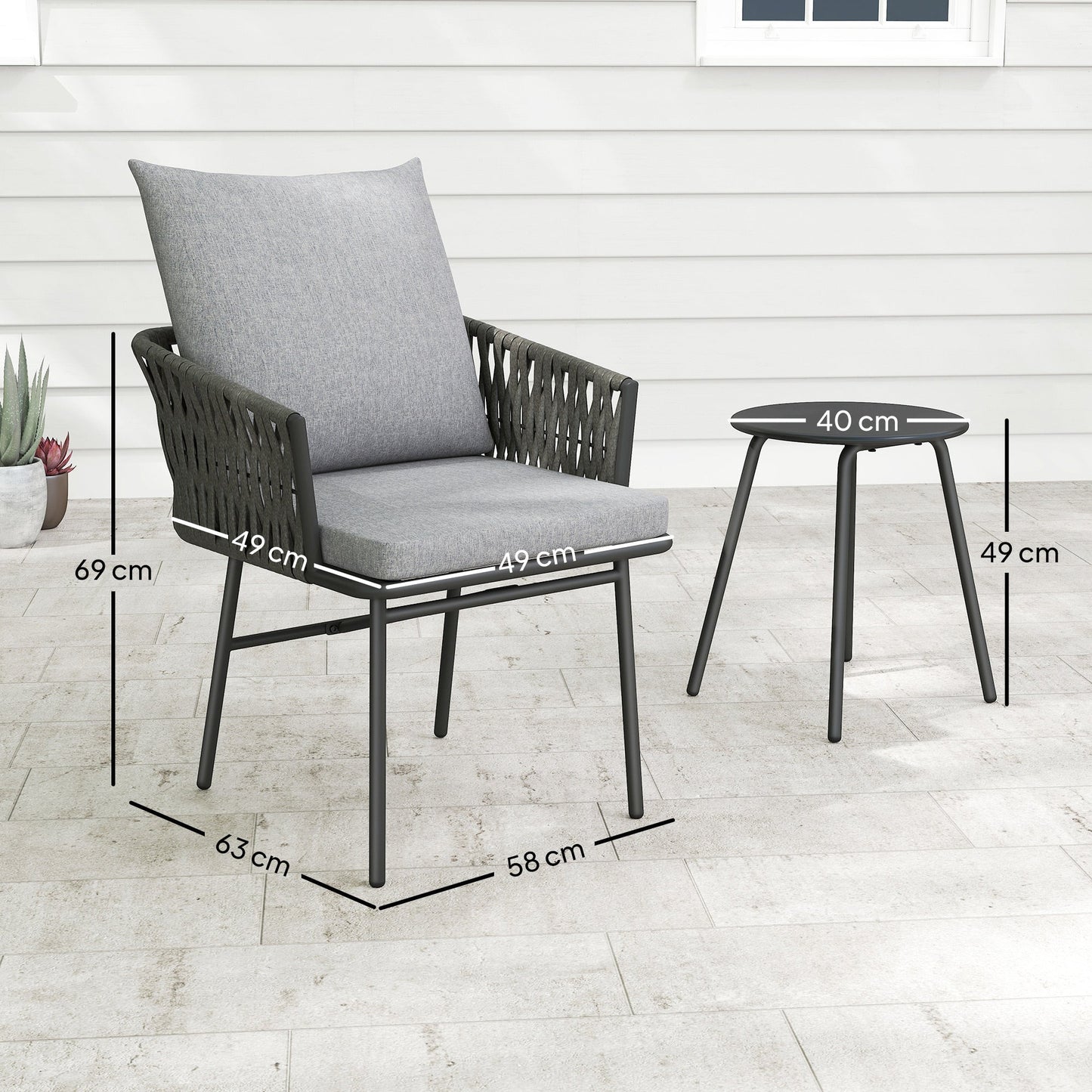Outsunny 3-Piece Rattan Bistro Set, Garden Table and Chairs with 4 Cushions, Patio Rattan Conversation Furniture Set for Balcony, Porch, Terrace, Grey