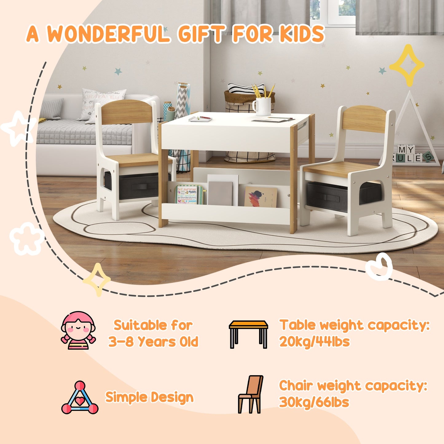 HOMCOM Three-Piece Kids Table and Chair Set with Blackboard, Storage, Bookshelves - Natural Wood