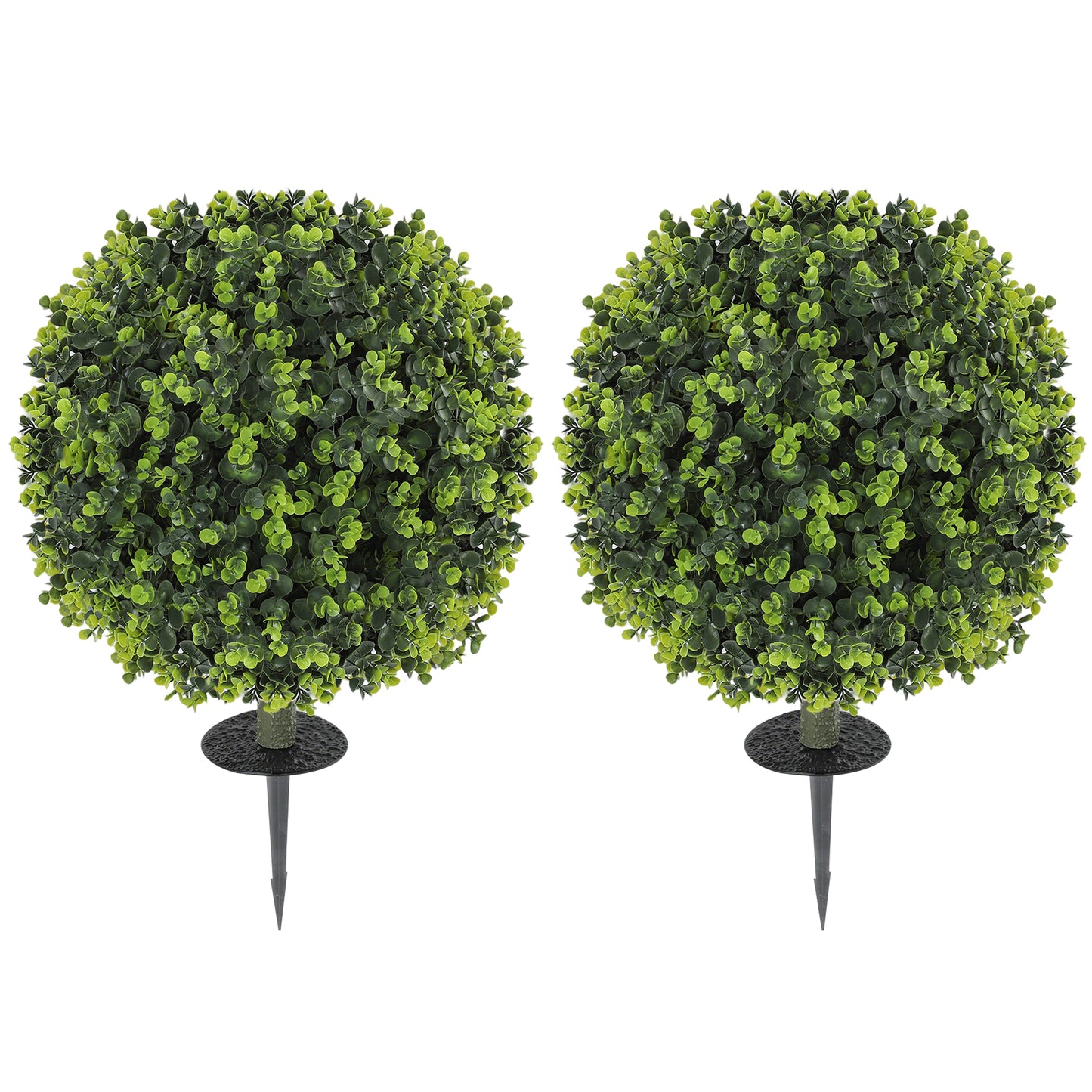 HOMCOM Set of 2 40 cm Artificial Boxwood Topiary Ball Bush with Integrated Ground Stake, Eucalyptus Leaves, Indoor Outdoor UV Resistant Faux Greenery, Faux Plants for Garden, Porch, Balcony