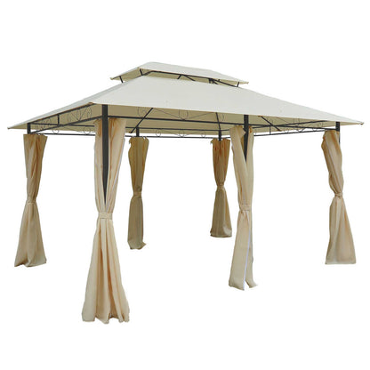 Outsunny 4x3m Gazebo with Curtains, Double Roof Outdoor Shelter for Garden, Solid Steel Frame, Perfect for Lawn & Deck, Beige