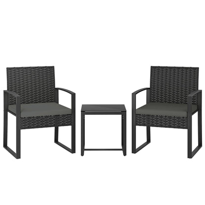 Outsunny Rattan Bistro Set, 3 Piece Garden Furniture Set with Glass Top Table and Cushions, Dark Grey