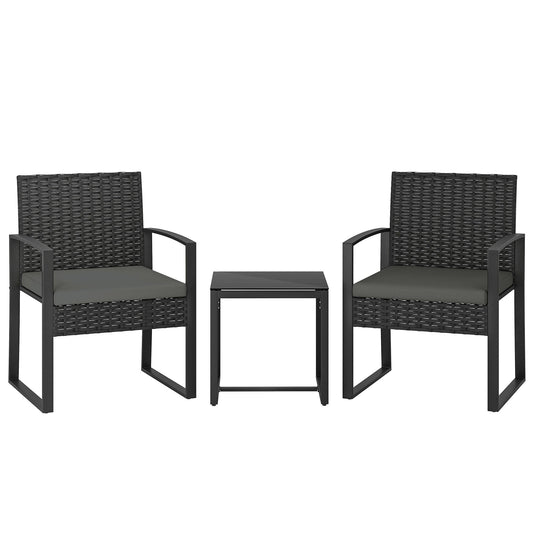Outsunny Rattan Bistro Set, 3 Piece Garden Furniture Set with Glass Top Table and Cushions, Dark Grey