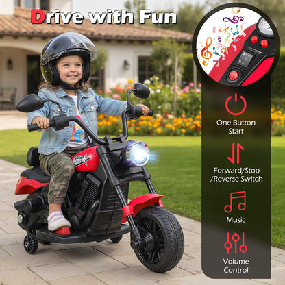 6V Kids Electric Motorbike with Detachable Training Wheels and Music-Red