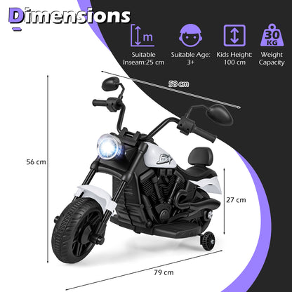 6V Kids Electric Motorbike with Detachable Training Wheels and Music-White