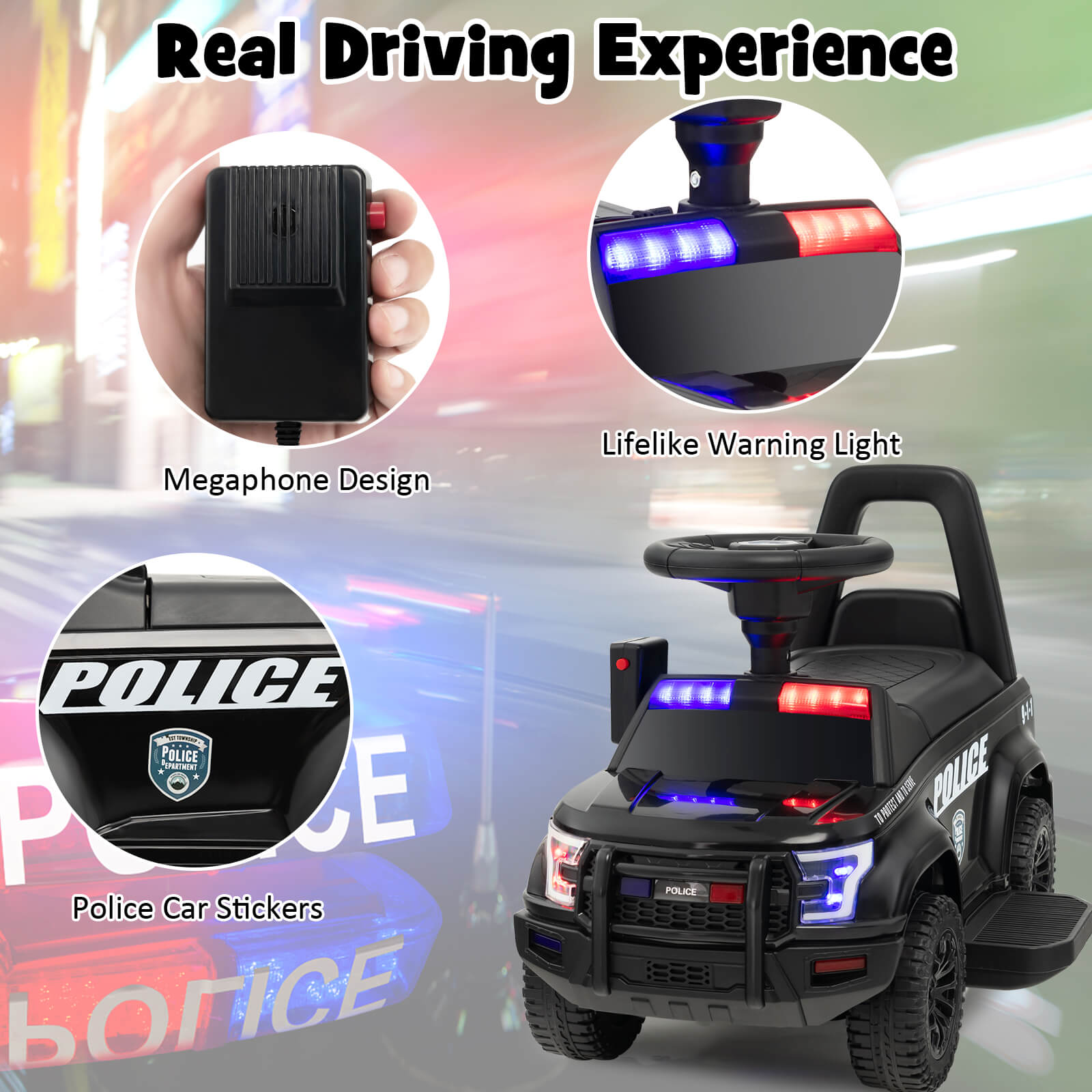 6V Kids Ride On Police Car with Side Megaphone-Black