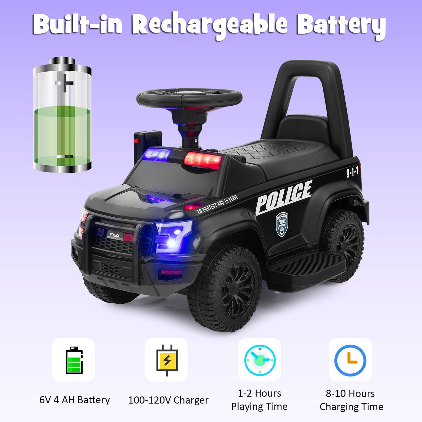 6V Kids Ride On Police Car with Side Megaphone-Black