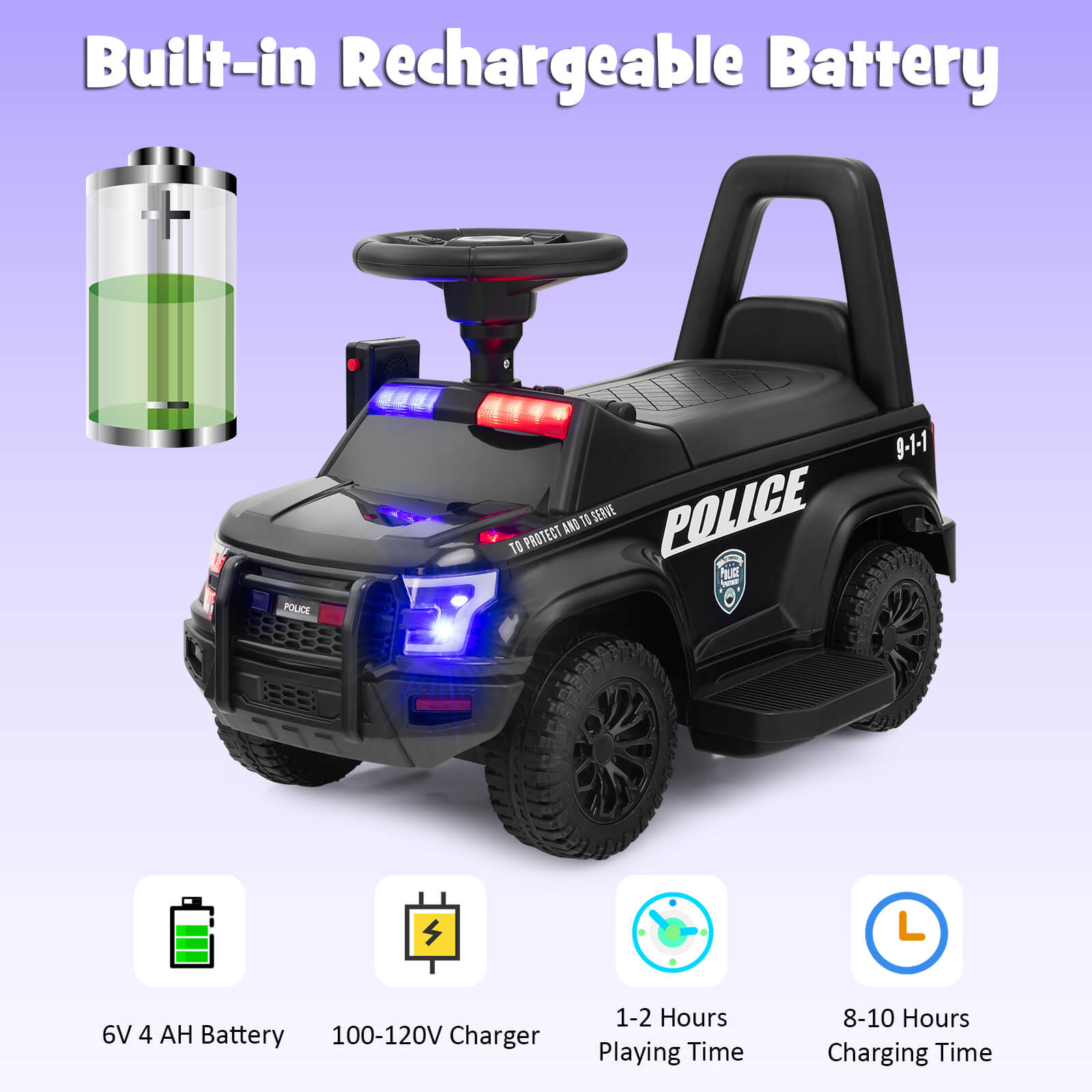 6V Kids Ride On Police Car with Side Megaphone-Black