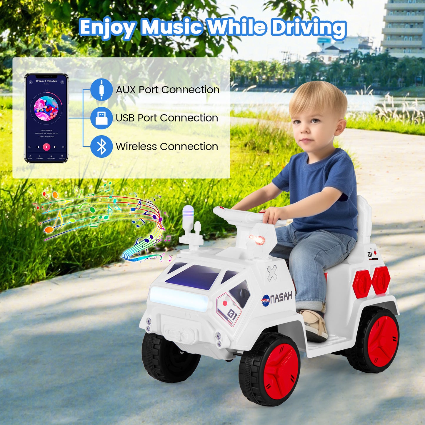 6V Kids Ride-on Car with Music with Radar and  Alarm Button-White & Red