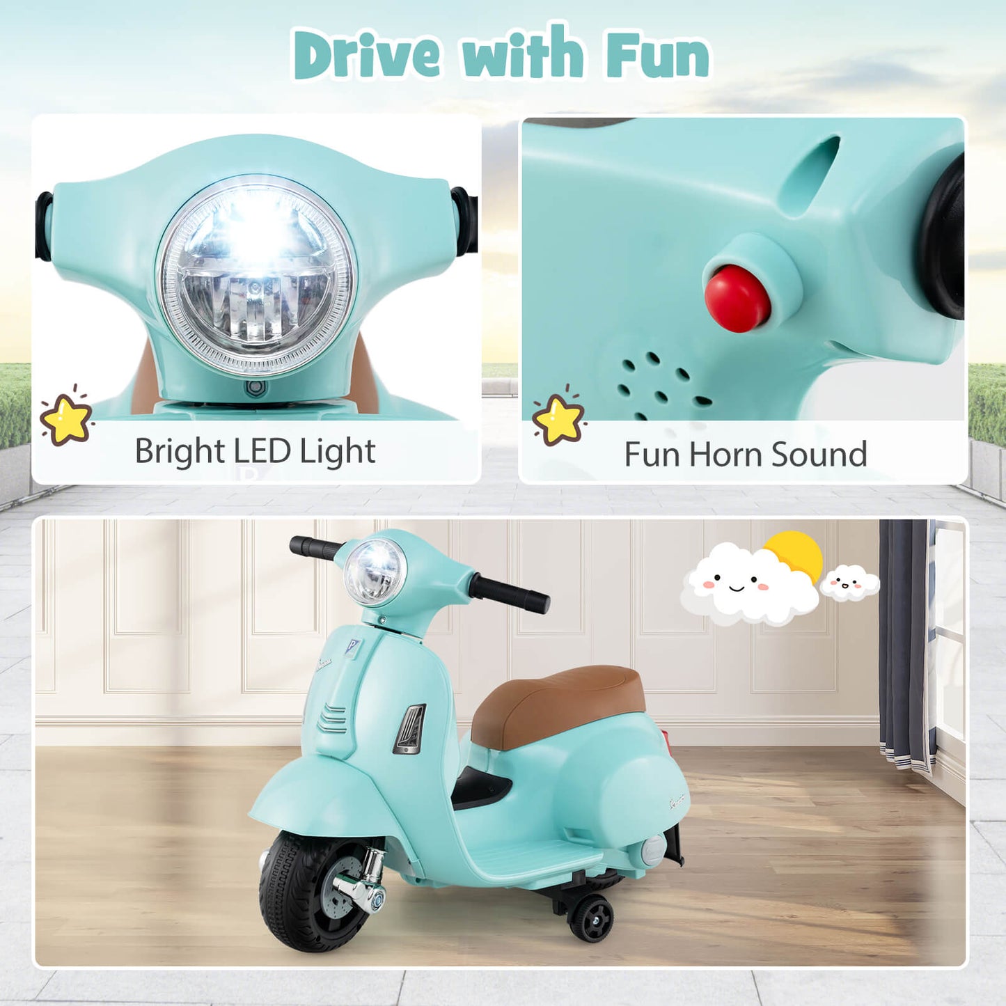 6V Kids Ride on Motorcycle Vespa Licensed with Lights and Horn Sound-Green