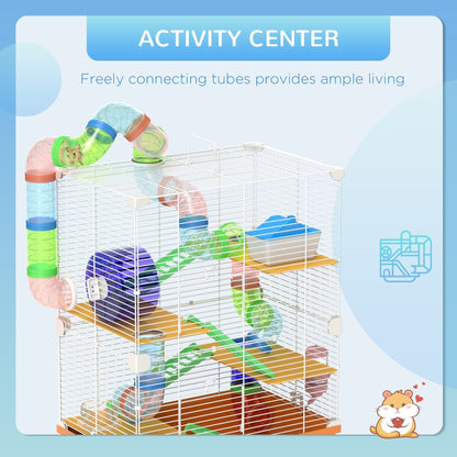 PawHut 5 Tier Hamster Cage Carrier Habitat w/ Exercise Wheels, Tunnel, Orange