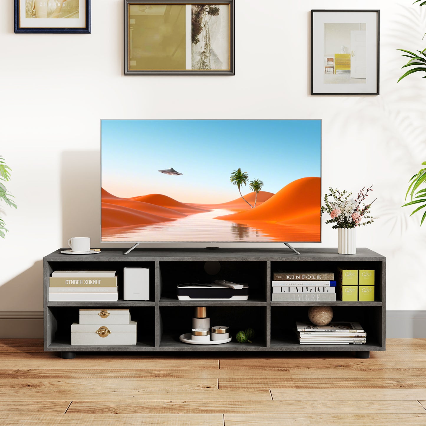 6-Cubby TV Stand TV Console Table with Adjustable Shelves-Grey