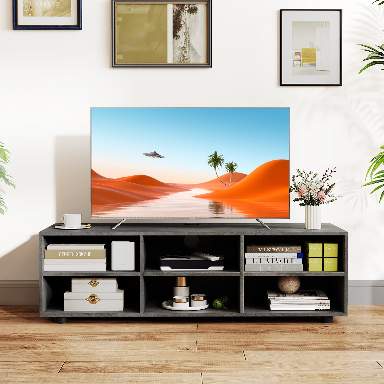6-Cubby TV Stand TV Console Table with Adjustable Shelves-Grey