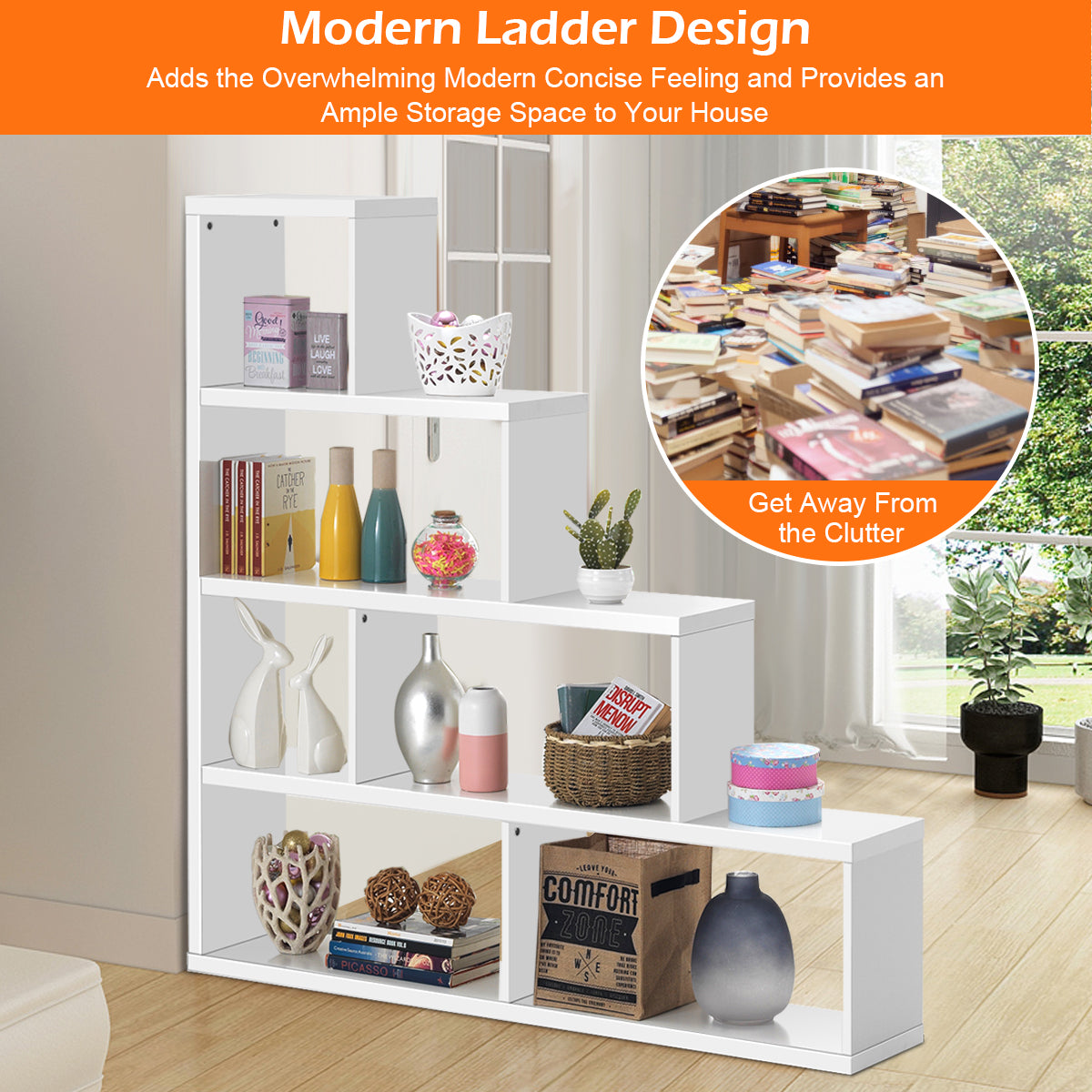 6-Cube Ladder Bookcase for Living Room Study Office-White