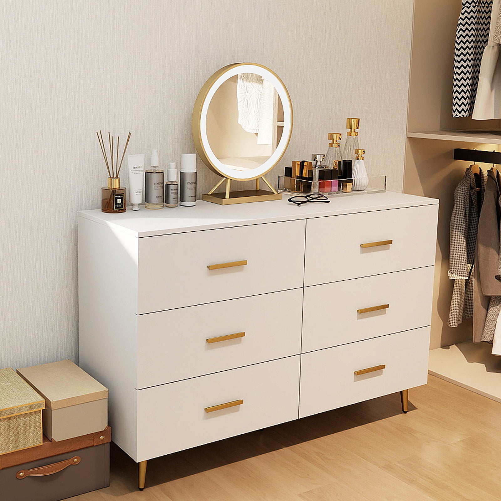 6 Drawer Dresser with Anti-Toppling Device for Living Room-White