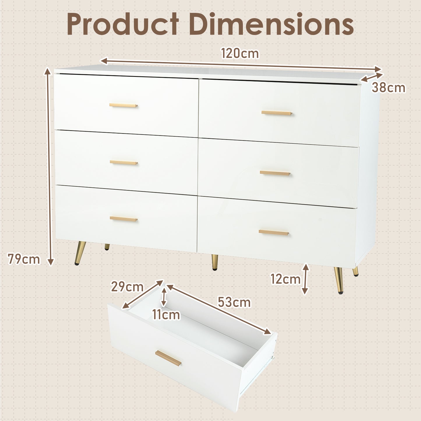 6 Drawer Dresser with Anti-Toppling Device for Living Room-White