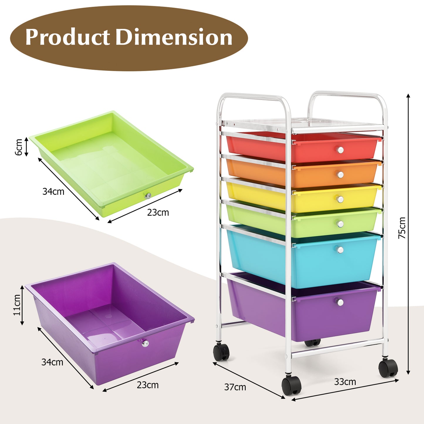 6 Drawers Storage Trolley with 4 Wheels for Makeup Beauty Salon-Multicolor