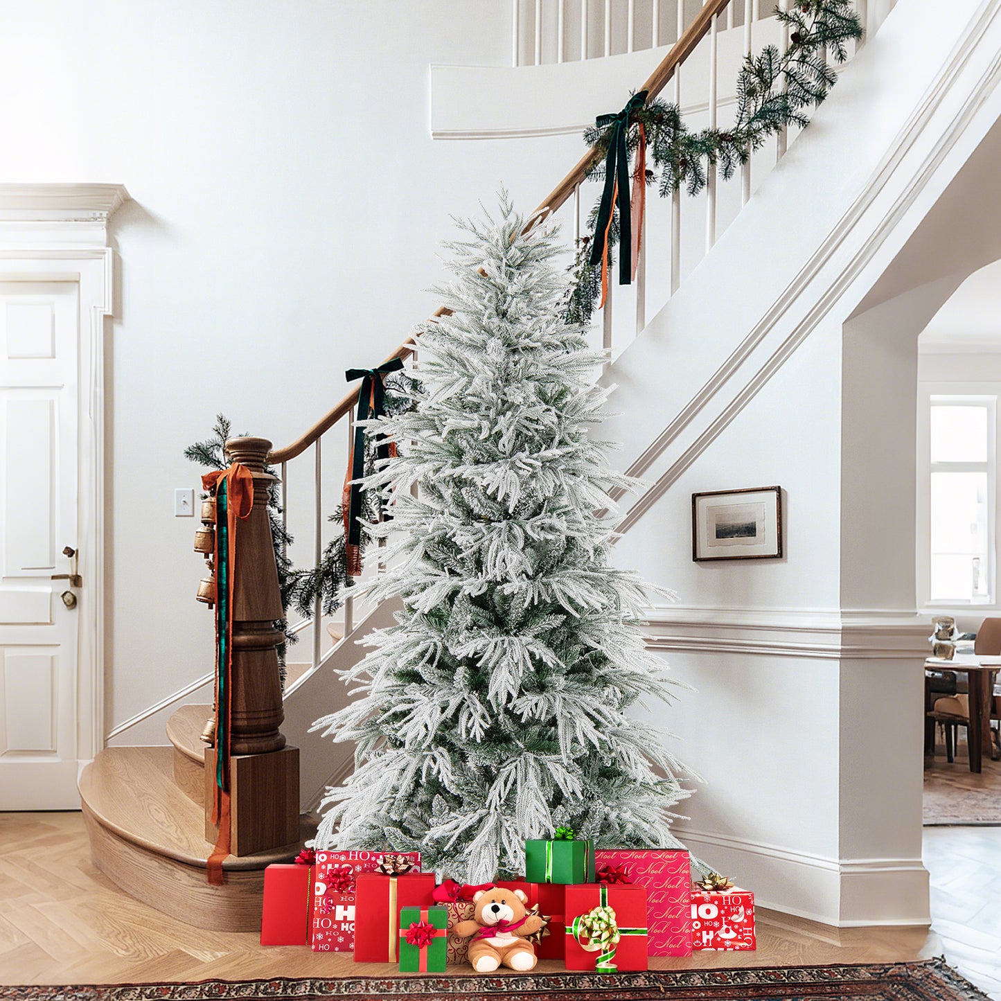 6 FT Artificial Christmas Tree Flocked Xmas Tree with 250 Warm White LED Lights and Folding Metal Stand-S