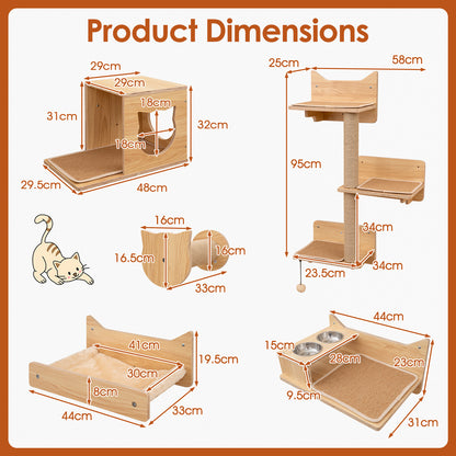 6 Pieces Cat Wall Furniture Set with Food Water Bowl and 3-step Cat Tree-Natural