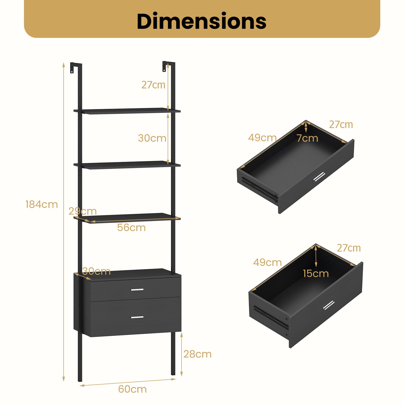 6-Tier Ladder Bookcase with 2 Drawers Wall-Mounted Bookshelf-Black