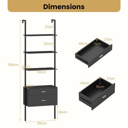 6-Tier Ladder Bookcase with 2 Drawers Wall-Mounted Bookshelf-Black