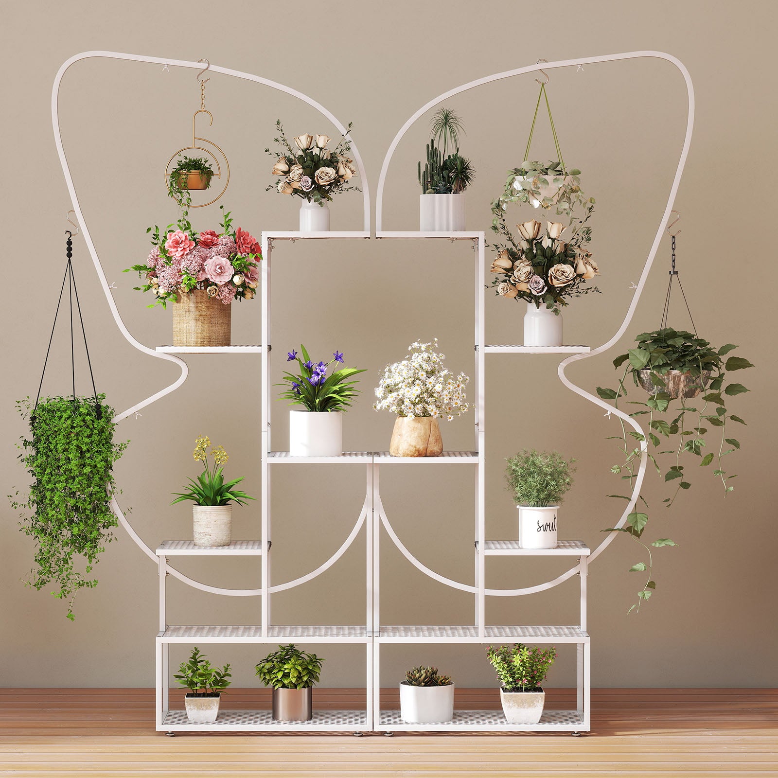 185 cm Tall Butterfly-Shaped 6-Tier Flowerpot Shelf-White