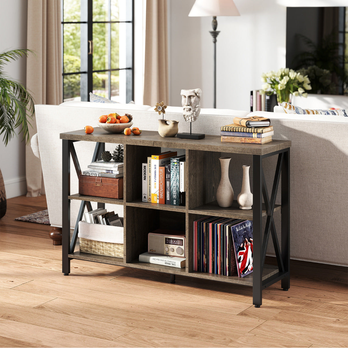 6-Cube Storage Organizer 120CM Wide Bookshelf with Open Compartments-Grey
