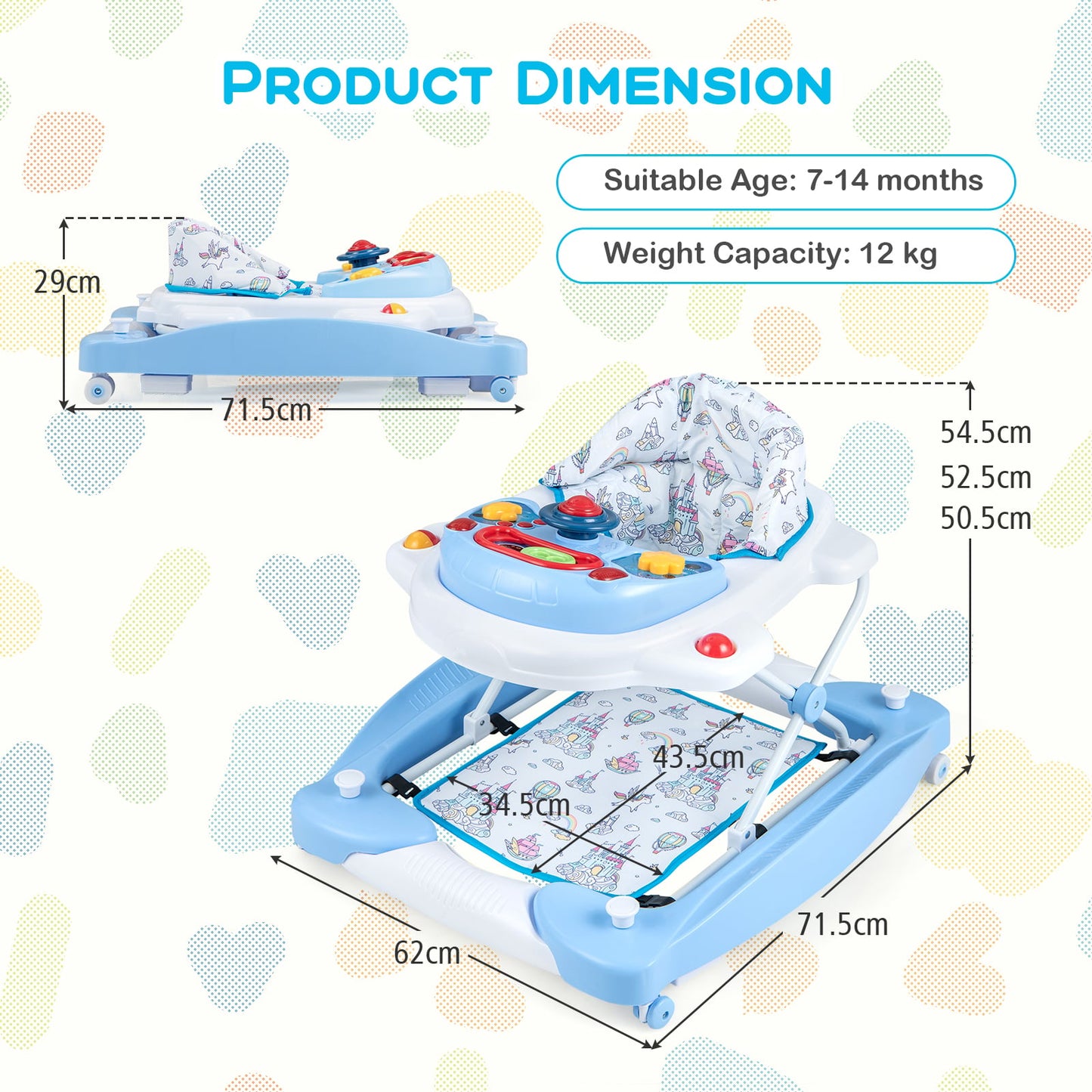 6 in 1 Adjustable Baby Walker Folding Baby Activity Center with Music Lights-Blue