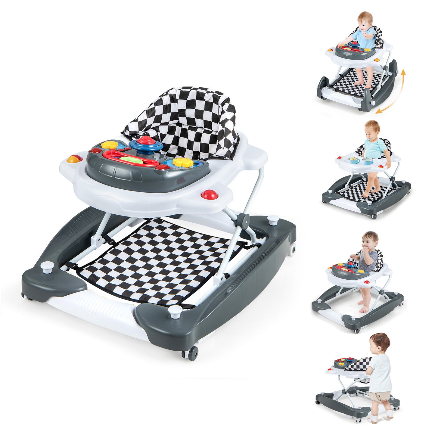 6 in 1 Adjustable Baby Walker Folding Baby Activity Center with Music Lights-Grey