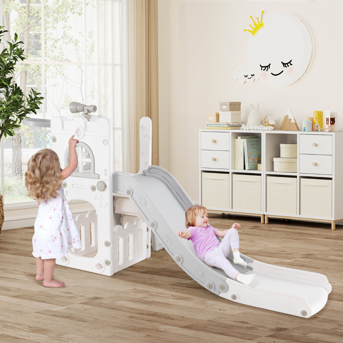 6 in 1 L-shaped Toddle Slide with Basketball Hoop and Telescope-Grey