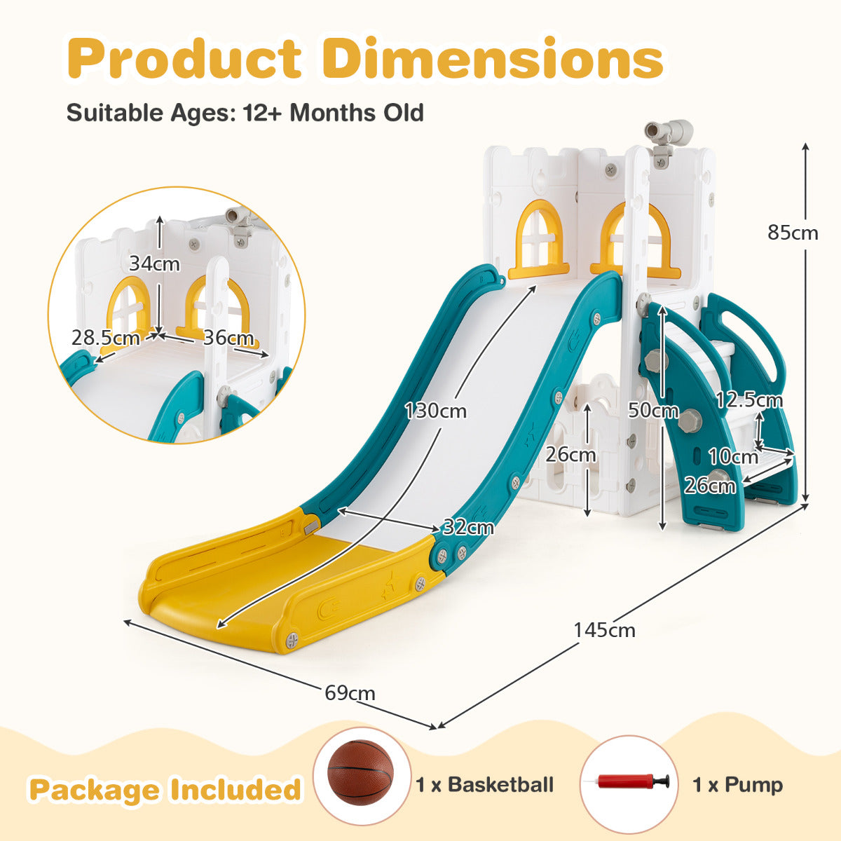 6 in 1 L-shaped Toddle Slide with Basketball Hoop and Telescope-Yellow