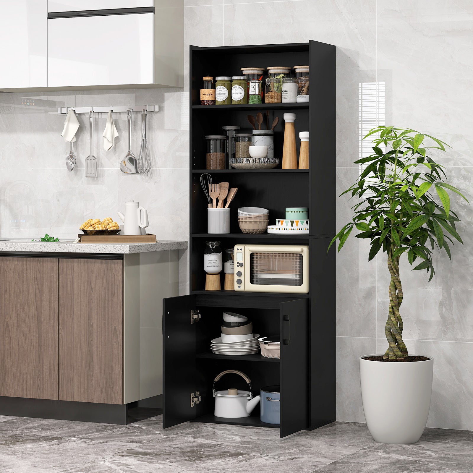 6-tier Modern Style Bookcase with Adjustable Shelves-Black