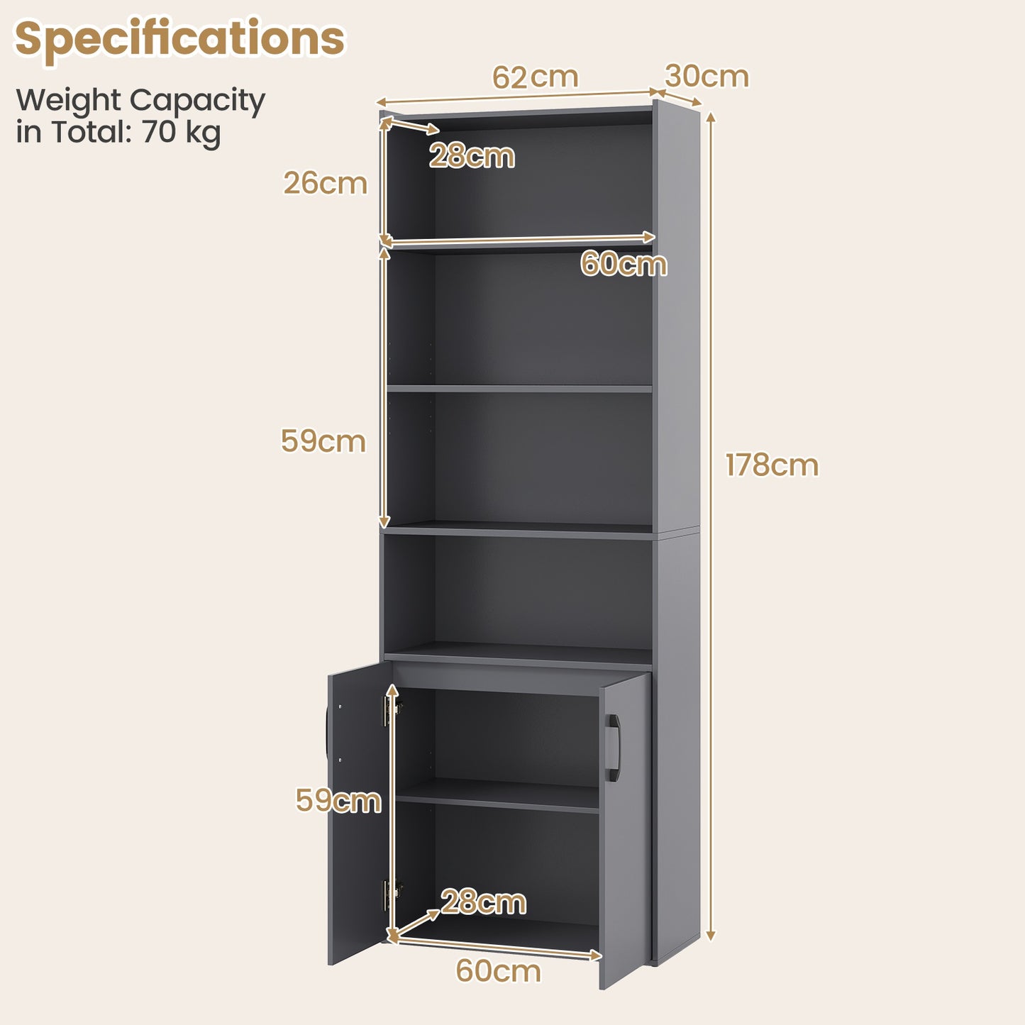 6-tier Modern Style Bookcase with Adjustable Shelves-Grey
