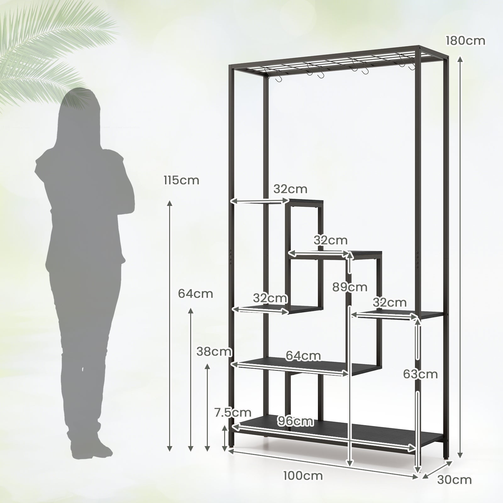 6-tier Tall Plant Stand with 10 Hanging Hooks and Wire Shelf for Multiple Plants-Black