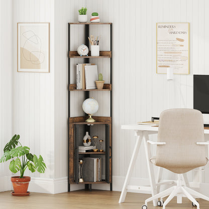 6-Tier Corner Shelf 170CM Tall Corner Bookshelf with Cabinet-Rustic Brown