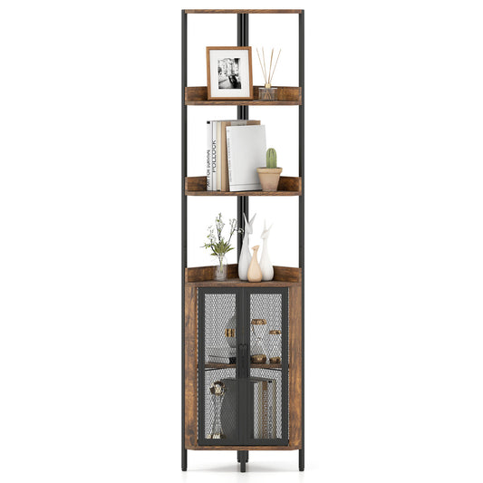 6-Tier Corner Shelf 170CM Tall Corner Bookshelf with Cabinet-Rustic Brown