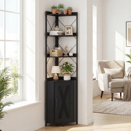 6-Tier Corner Storage Shelf with Door and Raised Edge Protection-Black