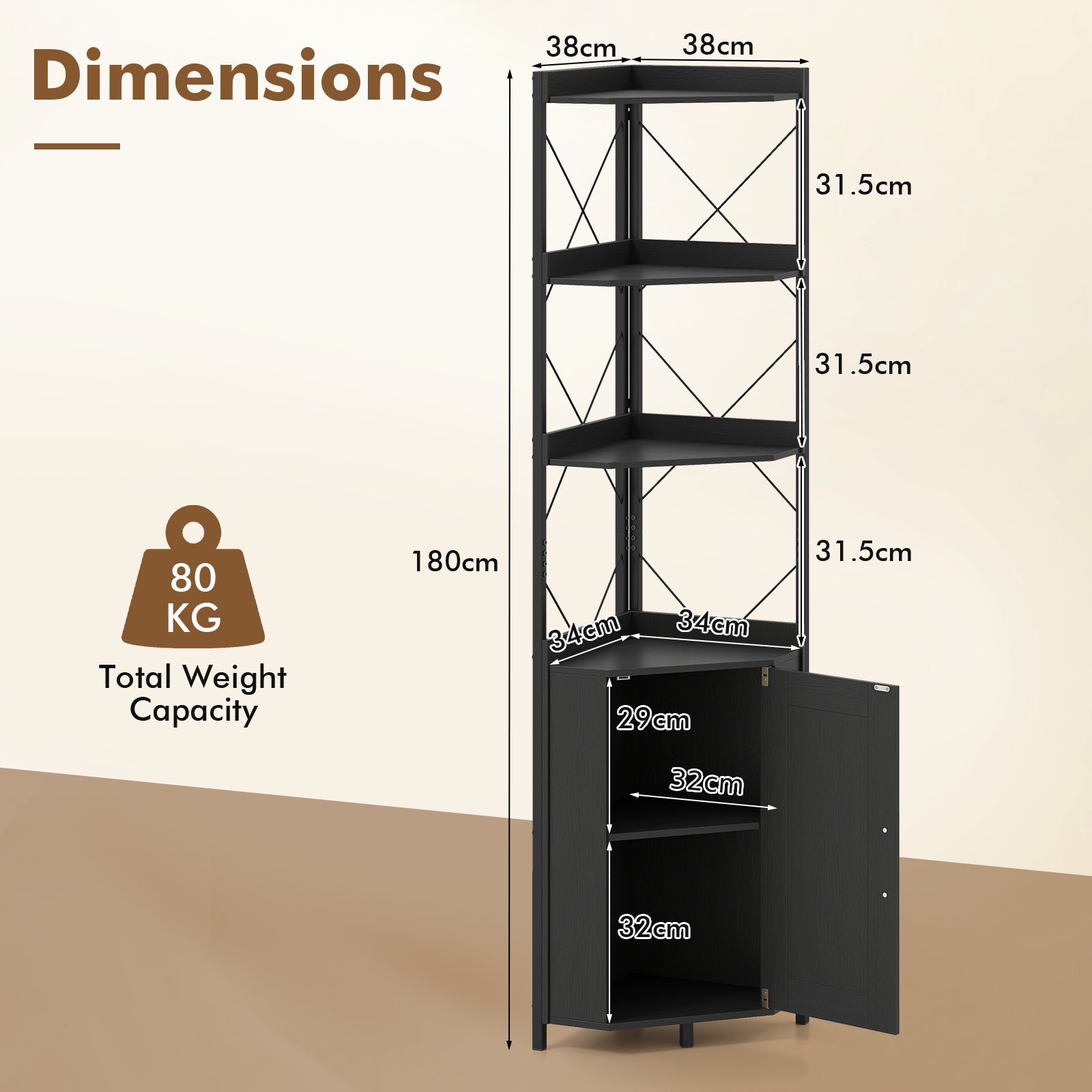 6-Tier Corner Storage Shelf with Door and Raised Edge Protection-Black