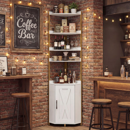6-Tier Corner Storage Shelf with Door and Raised Edge Protection-White