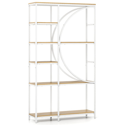 6-Tier Industrial Etagere Bookshelf with Open Storage Shelves and Arc-Shaped Design-Natural
